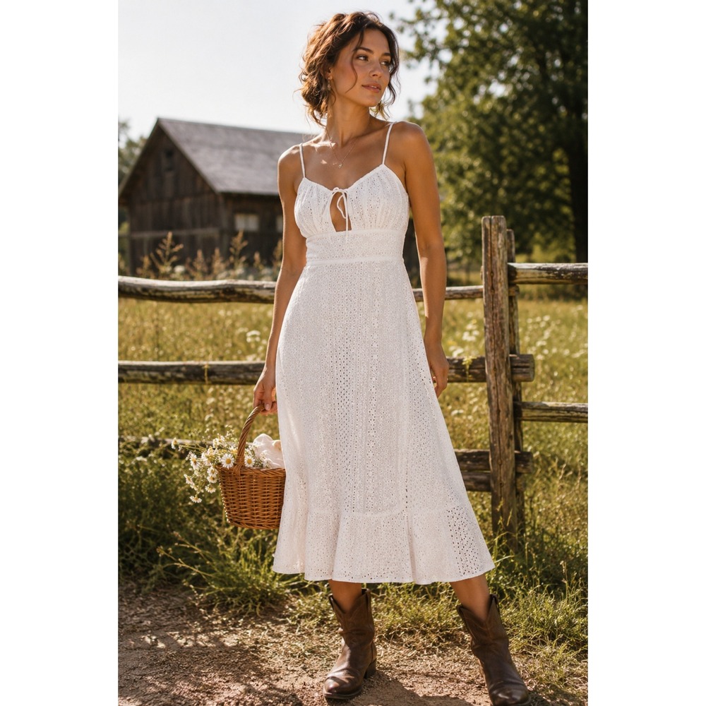 Lulus Women M Midi Dress White Eyelet Lace Cottagecore Boho Summer Tie Front